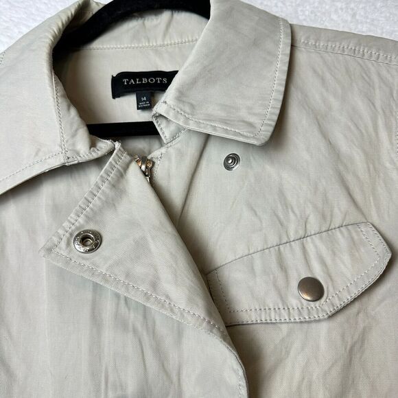 2/$30 Talbots Moto Jacket Asymmetrical Zip Size 14 Tan Neutral Cinch Waist - Picture 7 of 14